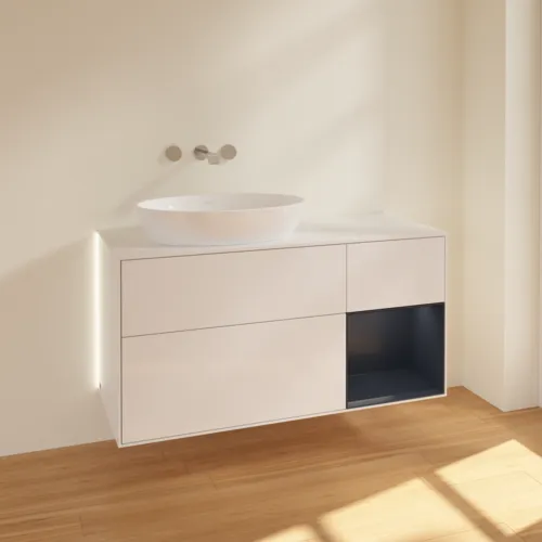 Bild von VILLEROY BOCH Finion Waschbeckenunterschrank, mit Beleuchtung, 3 Auszüge, 1200 x 603 x 501 mm, Glossy White Lacquer / Midnight Blue Matt Lacquer / Glass White Matt #GA51HGGF
