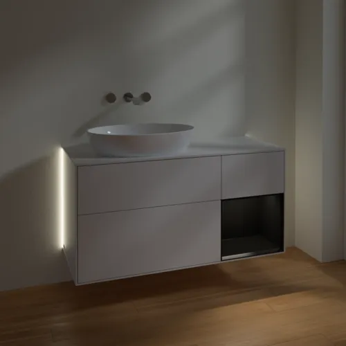 Bild von VILLEROY BOCH Finion Waschbeckenunterschrank, mit Beleuchtung, 3 Auszüge, 1200 x 603 x 501 mm, Glossy White Lacquer / Black Matt Lacquer / Glass White Matt #GA51PDGF