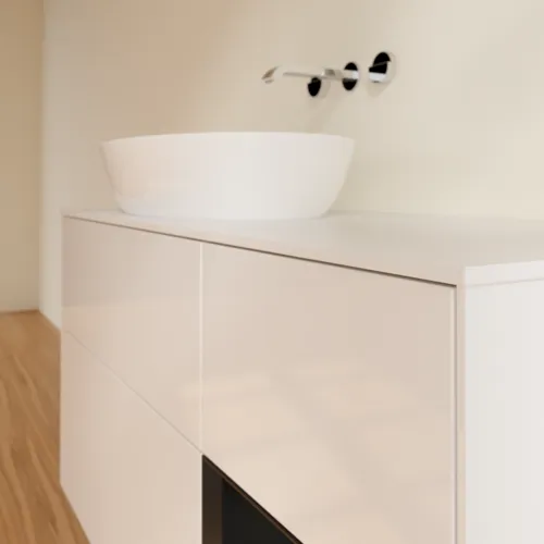 Bild von VILLEROY BOCH Finion Waschbeckenunterschrank, mit Beleuchtung, 3 Auszüge, 1200 x 603 x 501 mm, Glossy White Lacquer / Black Matt Lacquer / Glass White Matt #GA51PDGF