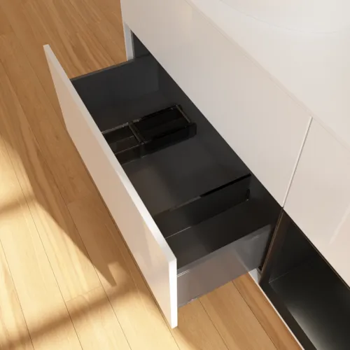 Bild von VILLEROY BOCH Finion Waschbeckenunterschrank, mit Beleuchtung, 3 Auszüge, 1200 x 603 x 501 mm, Glossy White Lacquer / Black Matt Lacquer / Glass White Matt #GA51PDGF