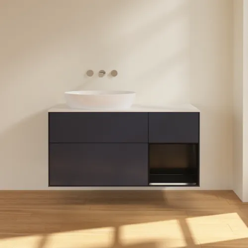 VILLEROY BOCH Finion Waschbeckenunterschrank, mit Beleuchtung, 3 Auszüge, 1200 x 603 x 501 mm, Midnight Blue Matt Lacquer / Black Matt Lacquer / Glass White Matt #GA51PDHG, Bild 3
