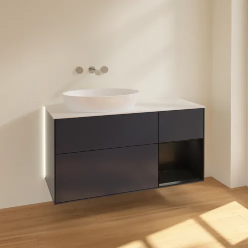 VILLEROY BOCH Finion Waschbeckenunterschrank, mit Beleuchtung, 3 Auszüge, 1200 x 603 x 501 mm, Midnight Blue Matt Lacquer / Black Matt Lacquer / Glass White Matt #GA51PDHG, Bild 2