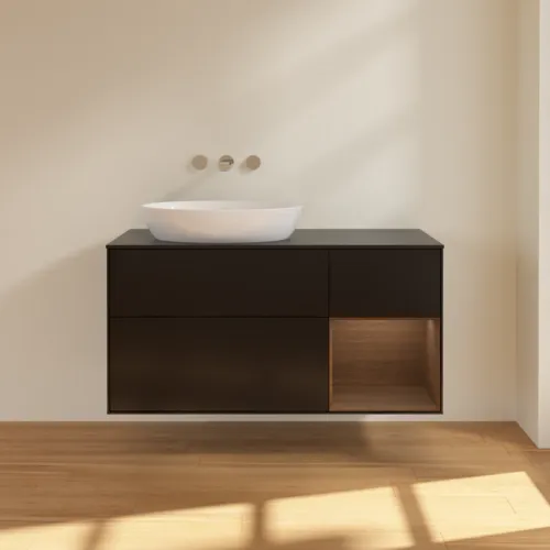 Bild von VILLEROY BOCH Finion Waschbeckenunterschrank, mit Beleuchtung, 3 Auszüge, 1200 x 603 x 501 mm, Black Matt Lacquer / Walnut Veneer / Glass Black Matt #GA52GNPD