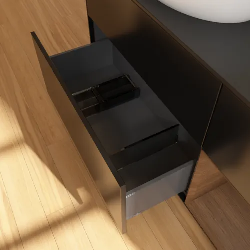 Bild von VILLEROY BOCH Finion Waschbeckenunterschrank, mit Beleuchtung, 3 Auszüge, 1200 x 603 x 501 mm, Black Matt Lacquer / Walnut Veneer / Glass Black Matt #GA52GNPD