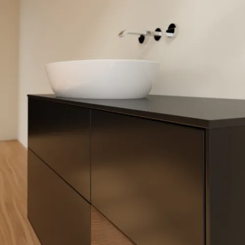 Bild von VILLEROY BOCH Finion Waschbeckenunterschrank, mit Beleuchtung, 3 Auszüge, 1200 x 603 x 501 mm, Black Matt Lacquer / Walnut Veneer / Glass Black Matt #GA52GNPD