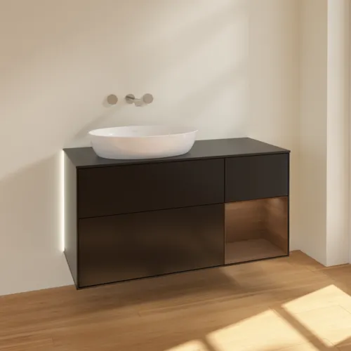 Bild von VILLEROY BOCH Finion Waschbeckenunterschrank, mit Beleuchtung, 3 Auszüge, 1200 x 603 x 501 mm, Black Matt Lacquer / Walnut Veneer / Glass Black Matt #GA52GNPD