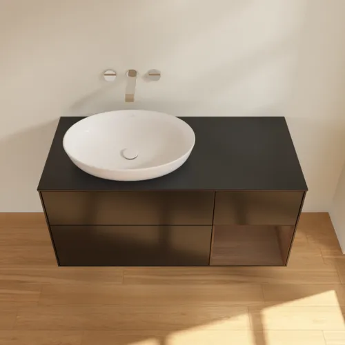 Bild von VILLEROY BOCH Finion Waschbeckenunterschrank, mit Beleuchtung, 3 Auszüge, 1200 x 603 x 501 mm, Black Matt Lacquer / Walnut Veneer / Glass Black Matt #GA52GNPD