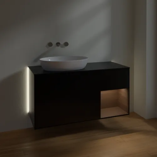 Bild von VILLEROY BOCH Finion Waschbeckenunterschrank, mit Beleuchtung, 3 Auszüge, 1200 x 603 x 501 mm, Black Matt Lacquer / Walnut Veneer / Glass Black Matt #GA52GNPD