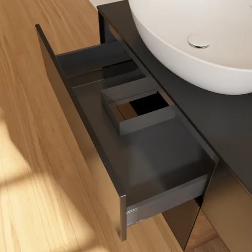 Bild von VILLEROY BOCH Finion Waschbeckenunterschrank, mit Beleuchtung, 3 Auszüge, 1200 x 603 x 501 mm, Black Matt Lacquer / Walnut Veneer / Glass Black Matt #GA52GNPD