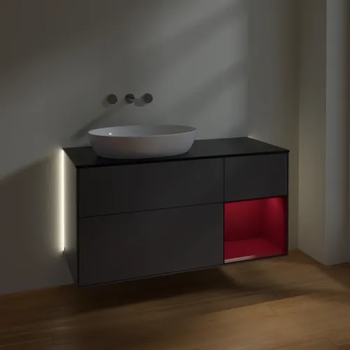 Obrázek VILLEROY BOCH Finion Vanity unit, with lighting, 3 pull-out compartments, 1200 x 603 x 501 mm, Anthracite Matt Lacquer / Peony Matt Lacquer / Glass Black Matt #GA52HBGK