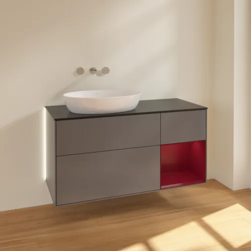 Obrázek VILLEROY BOCH Finion Vanity unit, with lighting, 3 pull-out compartments, 1200 x 603 x 501 mm, Anthracite Matt Lacquer / Peony Matt Lacquer / Glass Black Matt #GA52HBGK