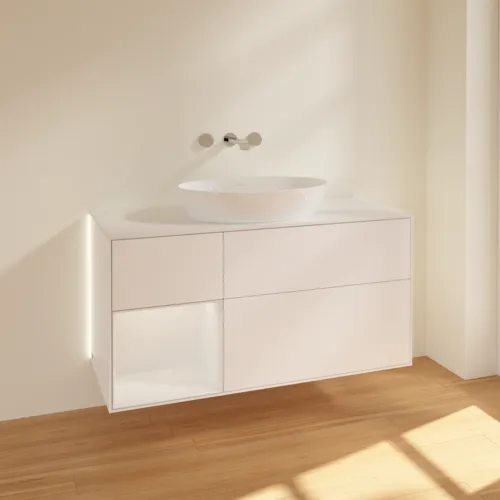 Bild von VILLEROY BOCH Finion Waschbeckenunterschrank, mit Beleuchtung, 3 Auszüge, 1200 x 603 x 501 mm, White Matt Lacquer / Glossy White Lacquer / Glass White Matt #GA61GFMT