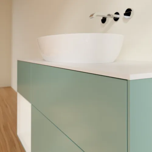 Bild von VILLEROY BOCH Finion Waschbeckenunterschrank, mit Beleuchtung, 3 Auszüge, 1200 x 603 x 501 mm, Olive Matt Lacquer / Glossy White Lacquer / Glass White Matt #GA61GFGM