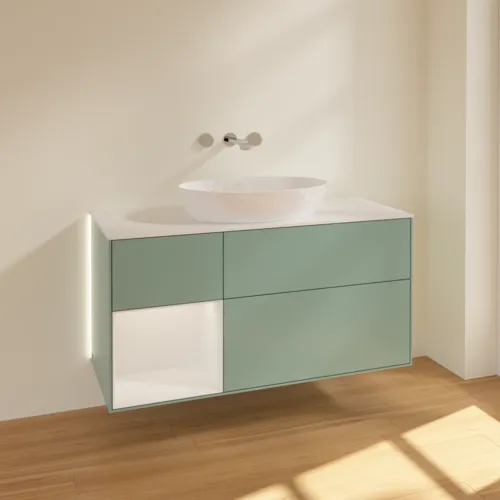Bild von VILLEROY BOCH Finion Waschbeckenunterschrank, mit Beleuchtung, 3 Auszüge, 1200 x 603 x 501 mm, Olive Matt Lacquer / Glossy White Lacquer / Glass White Matt #GA61GFGM