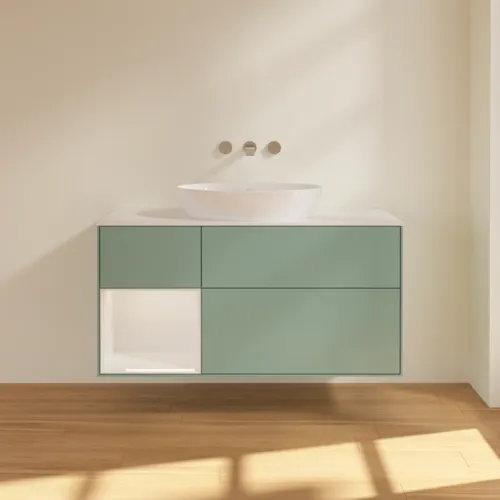 Bild von VILLEROY BOCH Finion Waschbeckenunterschrank, mit Beleuchtung, 3 Auszüge, 1200 x 603 x 501 mm, Olive Matt Lacquer / Glossy White Lacquer / Glass White Matt #GA61GFGM