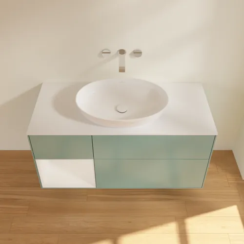 Bild von VILLEROY BOCH Finion Waschbeckenunterschrank, mit Beleuchtung, 3 Auszüge, 1200 x 603 x 501 mm, Olive Matt Lacquer / Glossy White Lacquer / Glass White Matt #GA61GFGM