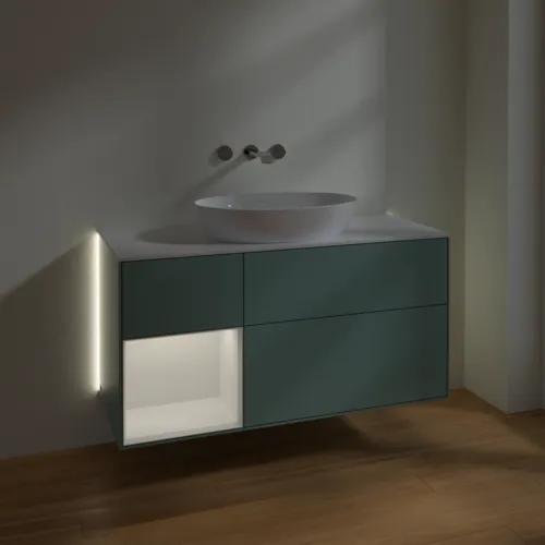 Bild von VILLEROY BOCH Finion Waschbeckenunterschrank, mit Beleuchtung, 3 Auszüge, 1200 x 603 x 501 mm, Olive Matt Lacquer / Glossy White Lacquer / Glass White Matt #GA61GFGM