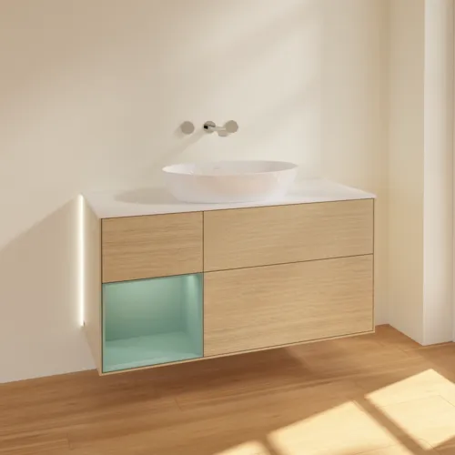 Bild von VILLEROY BOCH Finion Waschbeckenunterschrank, mit Beleuchtung, 3 Auszüge, 1200 x 603 x 501 mm, Oak Veneer / Olive Matt Lacquer / Glass White Matt #GA61GMPC