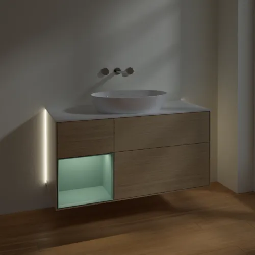 Bild von VILLEROY BOCH Finion Waschbeckenunterschrank, mit Beleuchtung, 3 Auszüge, 1200 x 603 x 501 mm, Oak Veneer / Olive Matt Lacquer / Glass White Matt #GA61GMPC