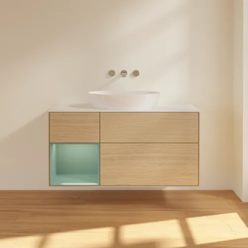 Bild von VILLEROY BOCH Finion Waschbeckenunterschrank, mit Beleuchtung, 3 Auszüge, 1200 x 603 x 501 mm, Oak Veneer / Olive Matt Lacquer / Glass White Matt #GA61GMPC