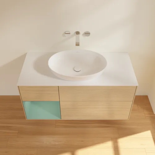 Bild von VILLEROY BOCH Finion Waschbeckenunterschrank, mit Beleuchtung, 3 Auszüge, 1200 x 603 x 501 mm, Oak Veneer / Olive Matt Lacquer / Glass White Matt #GA61GMPC