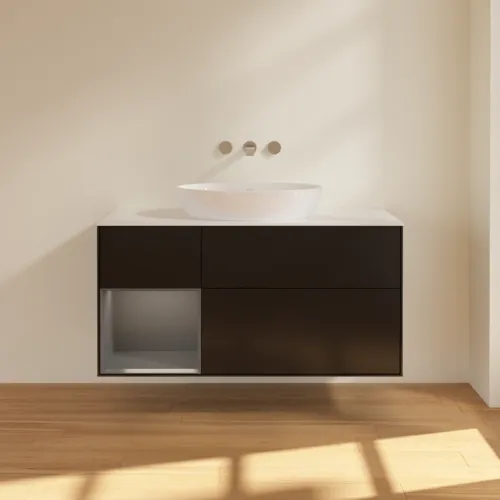 Bild von VILLEROY BOCH Finion Waschbeckenunterschrank, mit Beleuchtung, 3 Auszüge, 1200 x 603 x 501 mm, Black Matt Lacquer / Anthracite Matt Lacquer / Glass White Matt #GA61GKPD