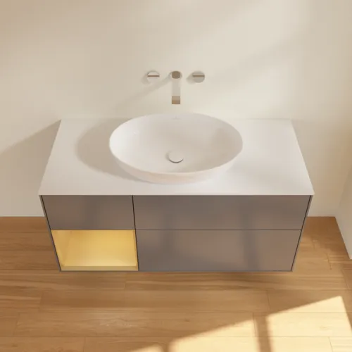 Bild von VILLEROY BOCH Finion Waschbeckenunterschrank, mit Beleuchtung, 3 Auszüge, 1200 x 603 x 501 mm, Anthracite Matt Lacquer / Gold Matt Lacquer / Glass White Matt #GA61HFGK
