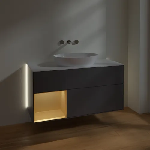 Bild von VILLEROY BOCH Finion Waschbeckenunterschrank, mit Beleuchtung, 3 Auszüge, 1200 x 603 x 501 mm, Anthracite Matt Lacquer / Gold Matt Lacquer / Glass White Matt #GA61HFGK