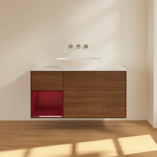 VILLEROY BOCH Finion Waschbeckenunterschrank, mit Beleuchtung, 3 Auszüge, 1200 x 603 x 501 mm, Walnut Veneer / Peony Matt Lacquer / Glass White Matt #GA61HBGN, Bild 2