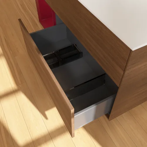 VILLEROY BOCH Finion Waschbeckenunterschrank, mit Beleuchtung, 3 Auszüge, 1200 x 603 x 501 mm, Walnut Veneer / Peony Matt Lacquer / Glass White Matt #GA61HBGN, Bild 5