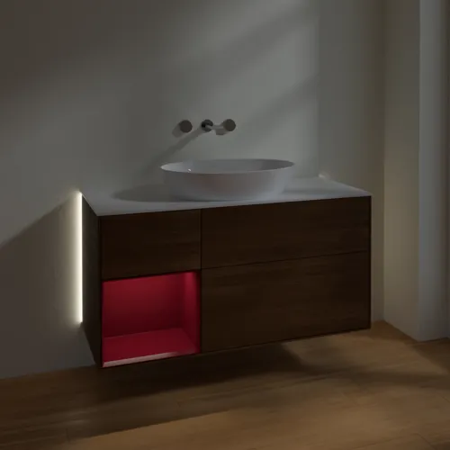 VILLEROY BOCH Finion Waschbeckenunterschrank, mit Beleuchtung, 3 Auszüge, 1200 x 603 x 501 mm, Walnut Veneer / Peony Matt Lacquer / Glass White Matt #GA61HBGN, Bild 3