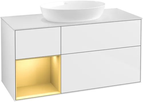 Зображення з  VILLEROY BOCH Finion Vanity unit, with lighting, 3 pull-out compartments, 1200 x 603 x 501 mm, Glossy White Lacquer / Gold Matt Lacquer / Glass White Matt #GA61HFGF