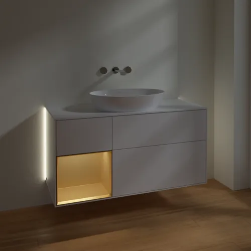 VILLEROY BOCH Finion Waschbeckenunterschrank, mit Beleuchtung, 3 Auszüge, 1200 x 603 x 501 mm, Glossy White Lacquer / Gold Matt Lacquer / Glass White Matt #GA61HFGF, Bild 5