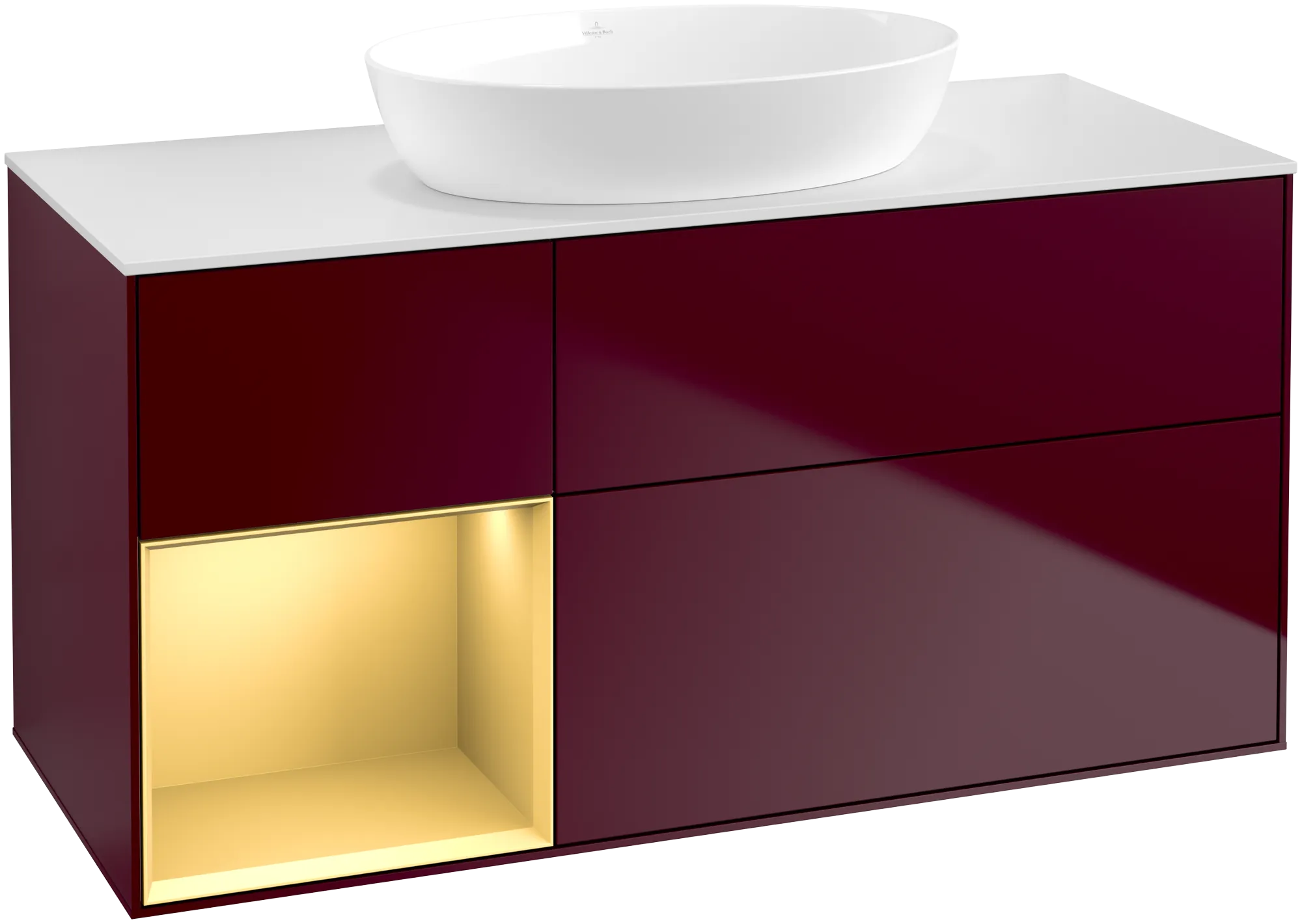 Зображення з  VILLEROY BOCH Finion Vanity unit, with lighting, 3 pull-out compartments, 1200 x 603 x 501 mm, Peony Matt Lacquer / Gold Matt Lacquer / Glass White Matt #GA61HFHB