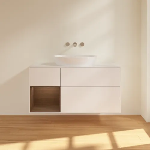 VILLEROY BOCH Finion Waschbeckenunterschrank, mit Beleuchtung, 3 Auszüge, 1200 x 603 x 501 mm, White Matt Lacquer / Walnut Veneer / Glass White Matt #GA61GNMT, Bild 3