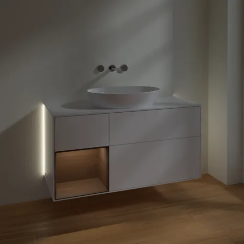 VILLEROY BOCH Finion Waschbeckenunterschrank, mit Beleuchtung, 3 Auszüge, 1200 x 603 x 501 mm, White Matt Lacquer / Walnut Veneer / Glass White Matt #GA61GNMT, Bild 5