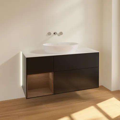 VILLEROY BOCH Finion Waschbeckenunterschrank, mit Beleuchtung, 3 Auszüge, 1200 x 603 x 501 mm, Black Matt Lacquer / Walnut Veneer / Glass White Matt #GA61GNPD, Bild 2