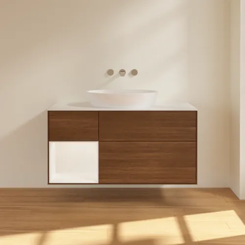 VILLEROY BOCH Finion Waschbeckenunterschrank, mit Beleuchtung, 3 Auszüge, 1200 x 603 x 501 mm, Walnut Veneer / White Matt Lacquer / Glass White Matt #GA61MTGN, Bild 3