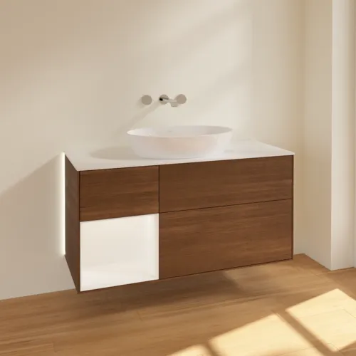 VILLEROY BOCH Finion Waschbeckenunterschrank, mit Beleuchtung, 3 Auszüge, 1200 x 603 x 501 mm, Walnut Veneer / White Matt Lacquer / Glass White Matt #GA61MTGN, Bild 2