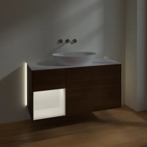 VILLEROY BOCH Finion Waschbeckenunterschrank, mit Beleuchtung, 3 Auszüge, 1200 x 603 x 501 mm, Walnut Veneer / White Matt Lacquer / Glass White Matt #GA61MTGN, Bild 5