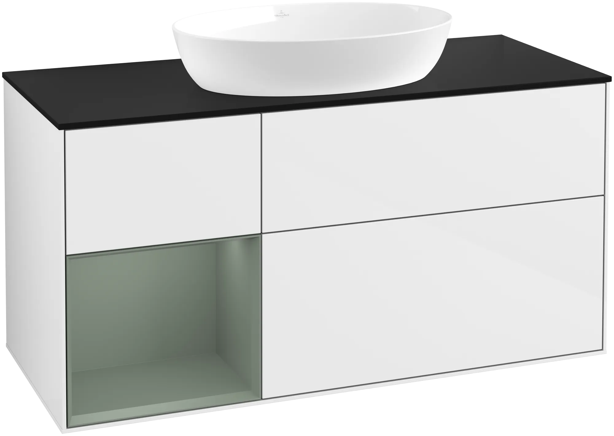 Зображення з  VILLEROY BOCH Finion Vanity unit, with lighting, 3 pull-out compartments, 1200 x 603 x 501 mm, Glossy White Lacquer / Olive Matt Lacquer / Glass Black Matt #GA62GMGF