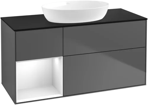 Зображення з  VILLEROY BOCH Finion Vanity unit, with lighting, 3 pull-out compartments, 1200 x 603 x 501 mm, Anthracite Matt Lacquer / Glossy White Lacquer / Glass Black Matt #GA62GFGK