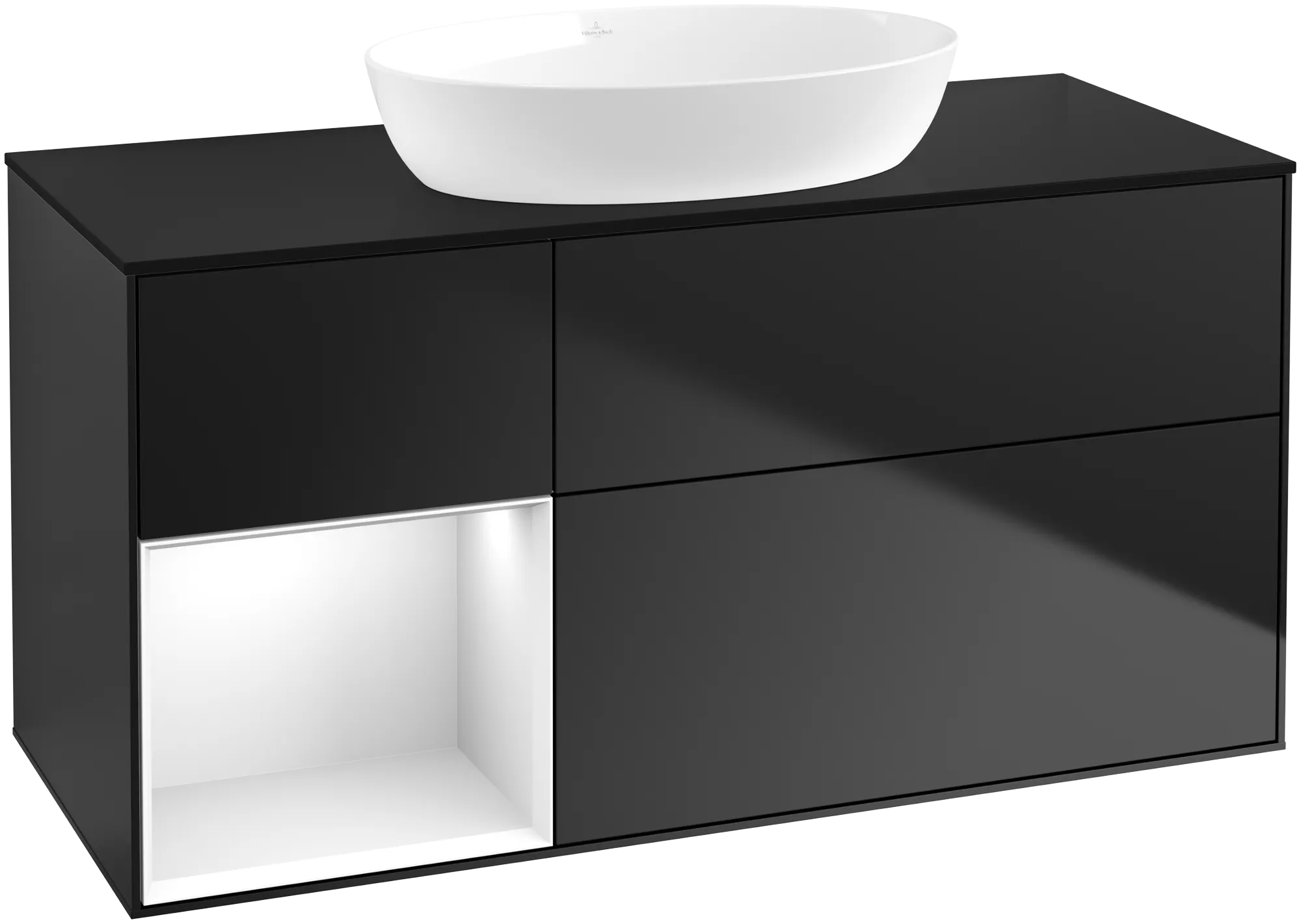 Зображення з  VILLEROY BOCH Finion Vanity unit, with lighting, 3 pull-out compartments, 1200 x 603 x 501 mm, Black Matt Lacquer / Glossy White Lacquer / Glass Black Matt #GA62GFPD