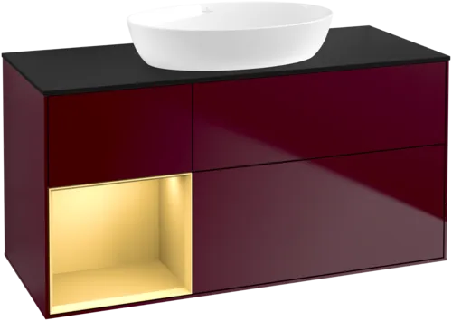 Зображення з  VILLEROY BOCH Finion Vanity unit, with lighting, 3 pull-out compartments, 1200 x 603 x 501 mm, Peony Matt Lacquer / Gold Matt Lacquer / Glass Black Matt #GA62HFHB