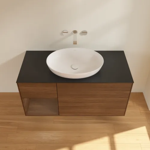 VILLEROY BOCH Finion Waschbeckenunterschrank, mit Beleuchtung, 3 Auszüge, 1200 x 603 x 501 mm, Walnut Veneer / Walnut Veneer / Glass Black Matt #GA62GNGN, Bild 4