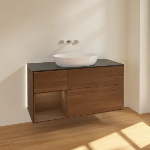 VILLEROY BOCH Finion Waschbeckenunterschrank, mit Beleuchtung, 3 Auszüge, 1200 x 603 x 501 mm, Walnut Veneer / Walnut Veneer / Glass Black Matt #GA62GNGN, Bild 2