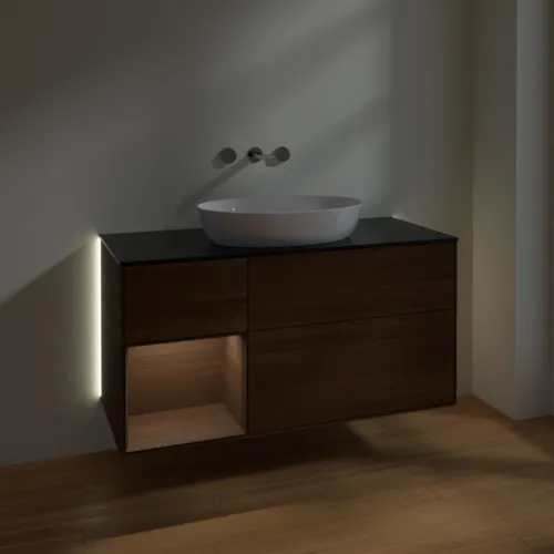 VILLEROY BOCH Finion Waschbeckenunterschrank, mit Beleuchtung, 3 Auszüge, 1200 x 603 x 501 mm, Walnut Veneer / Walnut Veneer / Glass Black Matt #GA62GNGN, Bild 5
