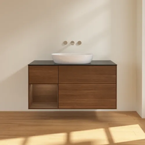 VILLEROY BOCH Finion Waschbeckenunterschrank, mit Beleuchtung, 3 Auszüge, 1200 x 603 x 501 mm, Walnut Veneer / Walnut Veneer / Glass Black Matt #GA62GNGN, Bild 3