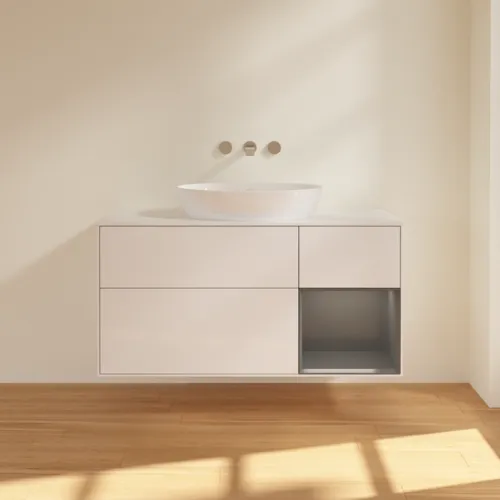 Bild von VILLEROY BOCH Finion Waschbeckenunterschrank, mit Beleuchtung, 3 Auszüge, 1200 x 603 x 501 mm, Glossy White Lacquer / Anthracite Matt Lacquer / Glass White Matt #GA71GKGF