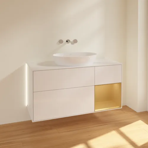 VILLEROY BOCH Finion Waschbeckenunterschrank, mit Beleuchtung, 3 Auszüge, 1200 x 603 x 501 mm, Glossy White Lacquer / Gold Matt Lacquer / Glass White Matt #GA71HFGF, Bild 2